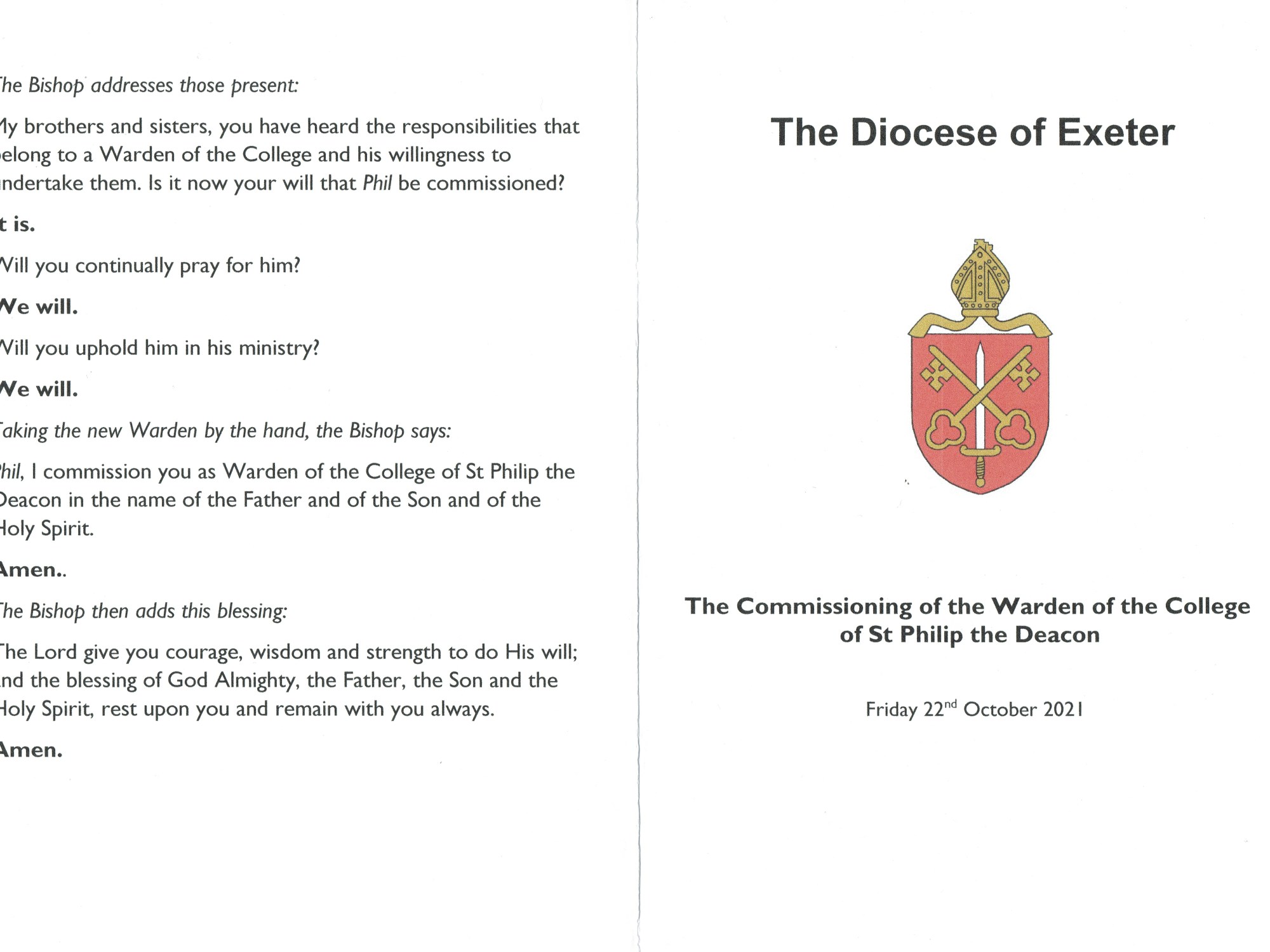 SERVICE FOR COMMISSIONING THE WARDEN OF A COLLEGE OF DEACONS